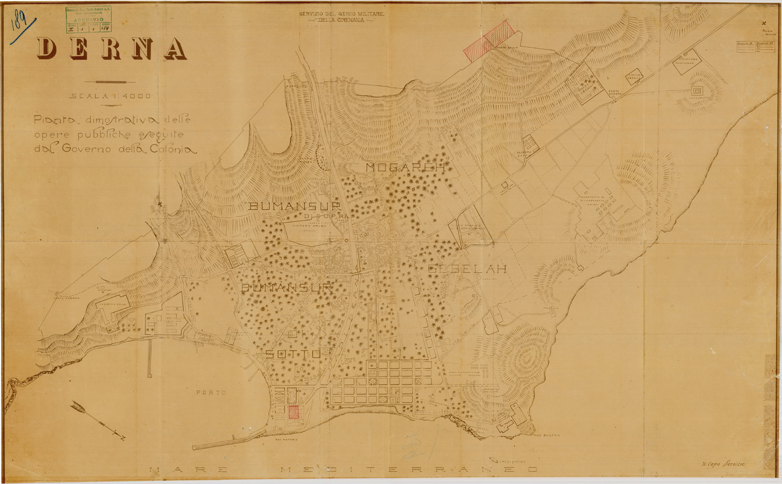 (N:30854) DERNA - PIANTA DIMOSTRATIVA DELLE OPERE PUBBLICHE ESEGUITE DAL GOVERNO DELLE COLONIE. (SE004782) Carte e stampe antiche: riproduzione a colori su carta (formato A1)