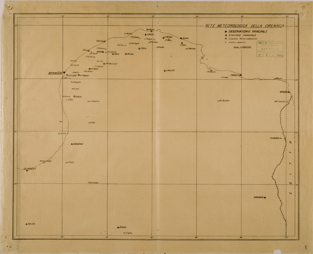 (N:30867) RETE METEREOLOGICA DELLA CIRENAICA. (SE004797) Carte e stampe antiche: riproduzione a colori su carta (formato A1)