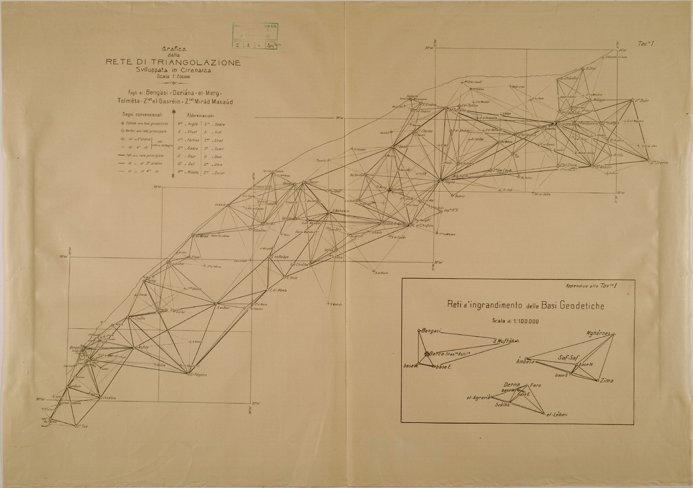 (N:30869) GRAFICO DELLA RETE DI TRIANGOLAZIONE IN CIRENAICA. (SE004799) Carte e stampe antiche: riproduzione a colori su carta (formato A1)