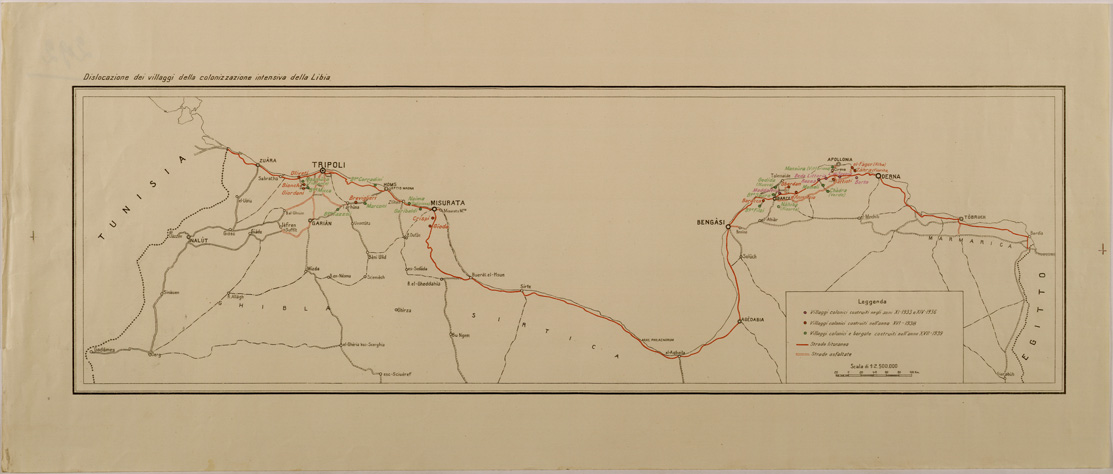 (N:30911) DISLOCAZIONE DEI VILLAGGI DELLA COLONIZZAZIONE INTENSIVA DELLA LIBIA (SE004898) Carte e stampe antiche: riproduzione a colori su carta (formato A1)