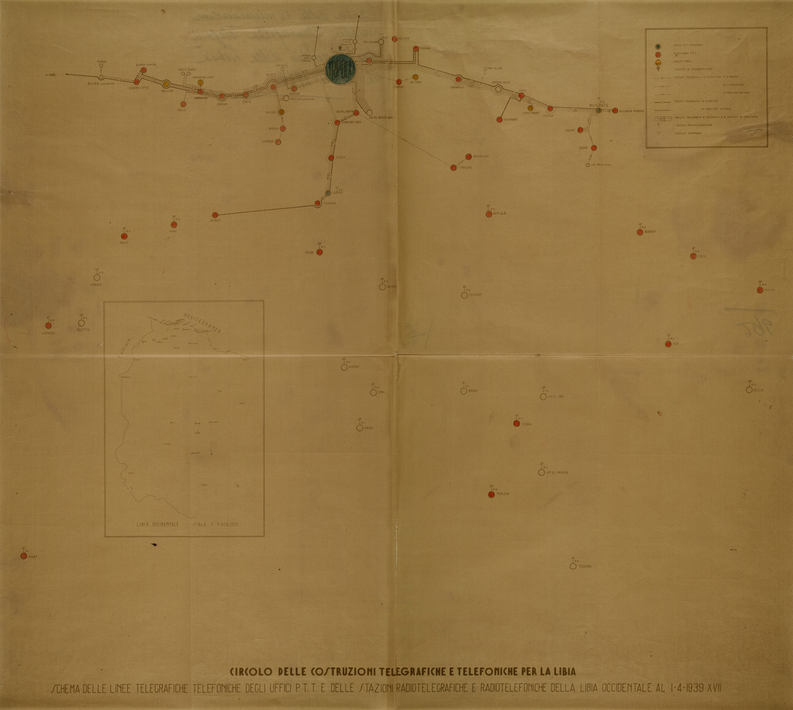 (N:30913) SCHEMA DELLE LINEE TELEGRAFICHE TELEFONICHE DELLA LIBIA OCCIDENTALE (SE004900) Carte e stampe antiche: riproduzione a colori su carta (formato A1)