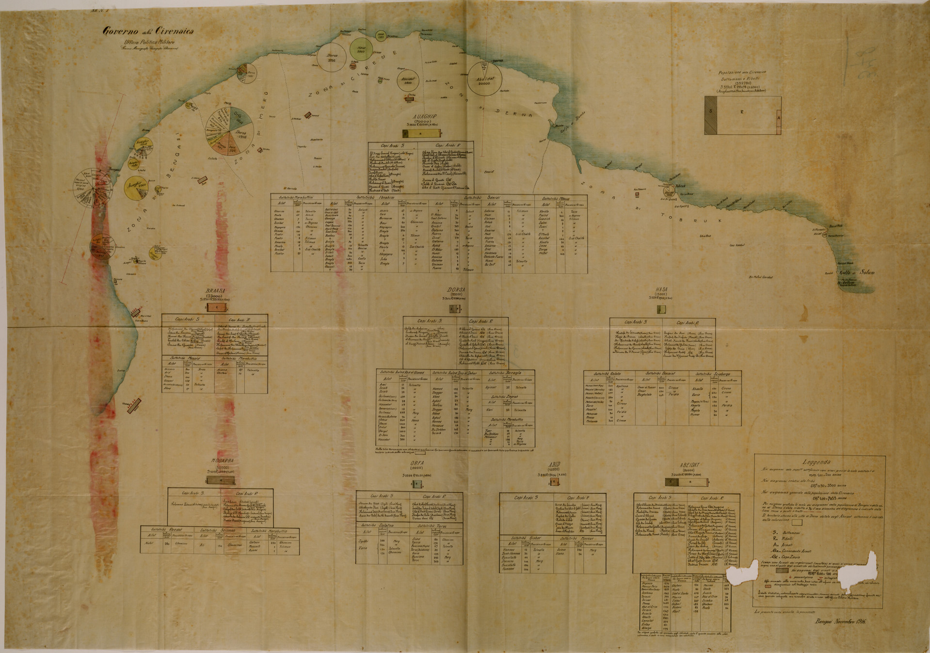 (N:31032)  POPOLAZIONE DELLA CIRENAICA TRIBU' SOTTOMESSE E RIBELLI (SE004979) Carte e stampe antiche: riproduzione a colori su carta (formato A1)