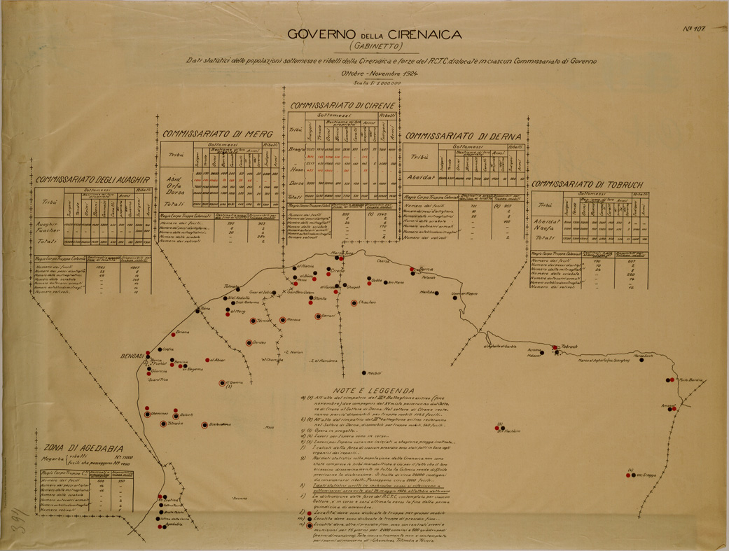 (N:31078) DATI STATISTICI DELLE POPOLAZIONI SOTTOMESSE E RIBELLI DELLA CIRENAICA (SE004992) Carte e stampe antiche: riproduzione a colori su carta (formato A1)