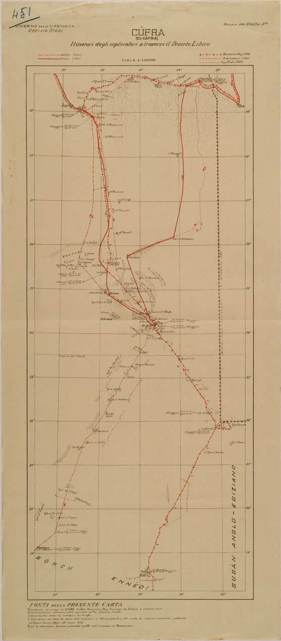 (N:31061) ITINERARI DEGLI ESPLORATORI ATTRAVERSO IL DESERTO LIBICO. (SE005036) Carte e stampe antiche: riproduzione a colori su carta (formato A1)