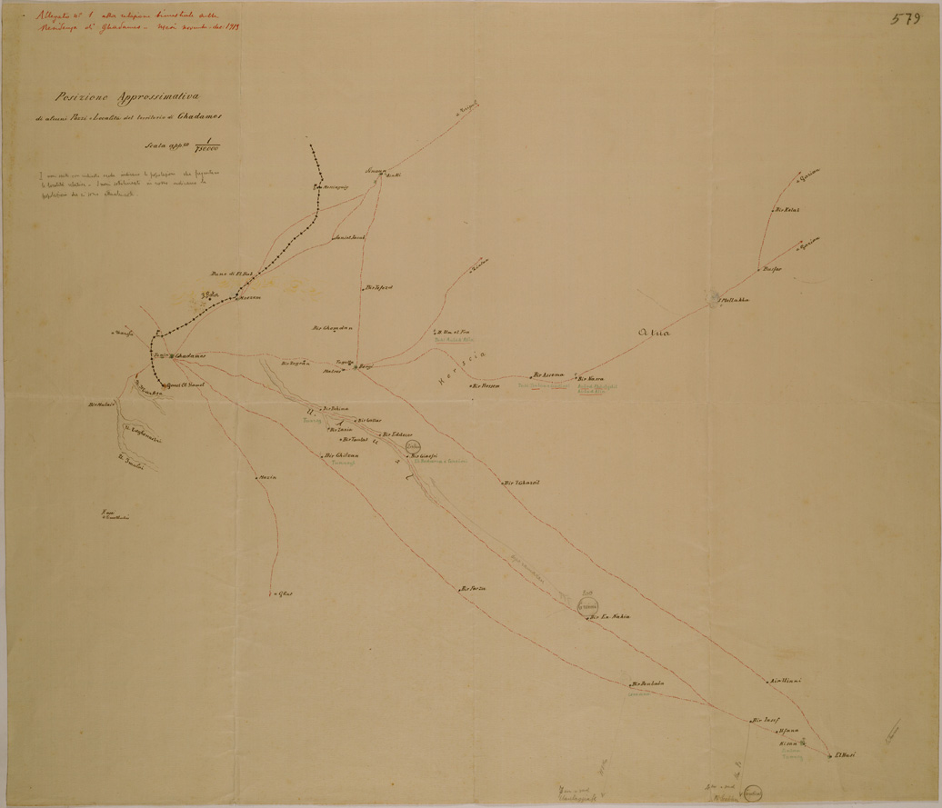 (N:31262) POSIZIONE APPROSSIMATIVA DI ALCUNI POZZI E LOCALITA' DEL TERRITORIO DI GHADAMES (SE005170) Carte e stampe antiche: riproduzione a colori su carta (formato A1)