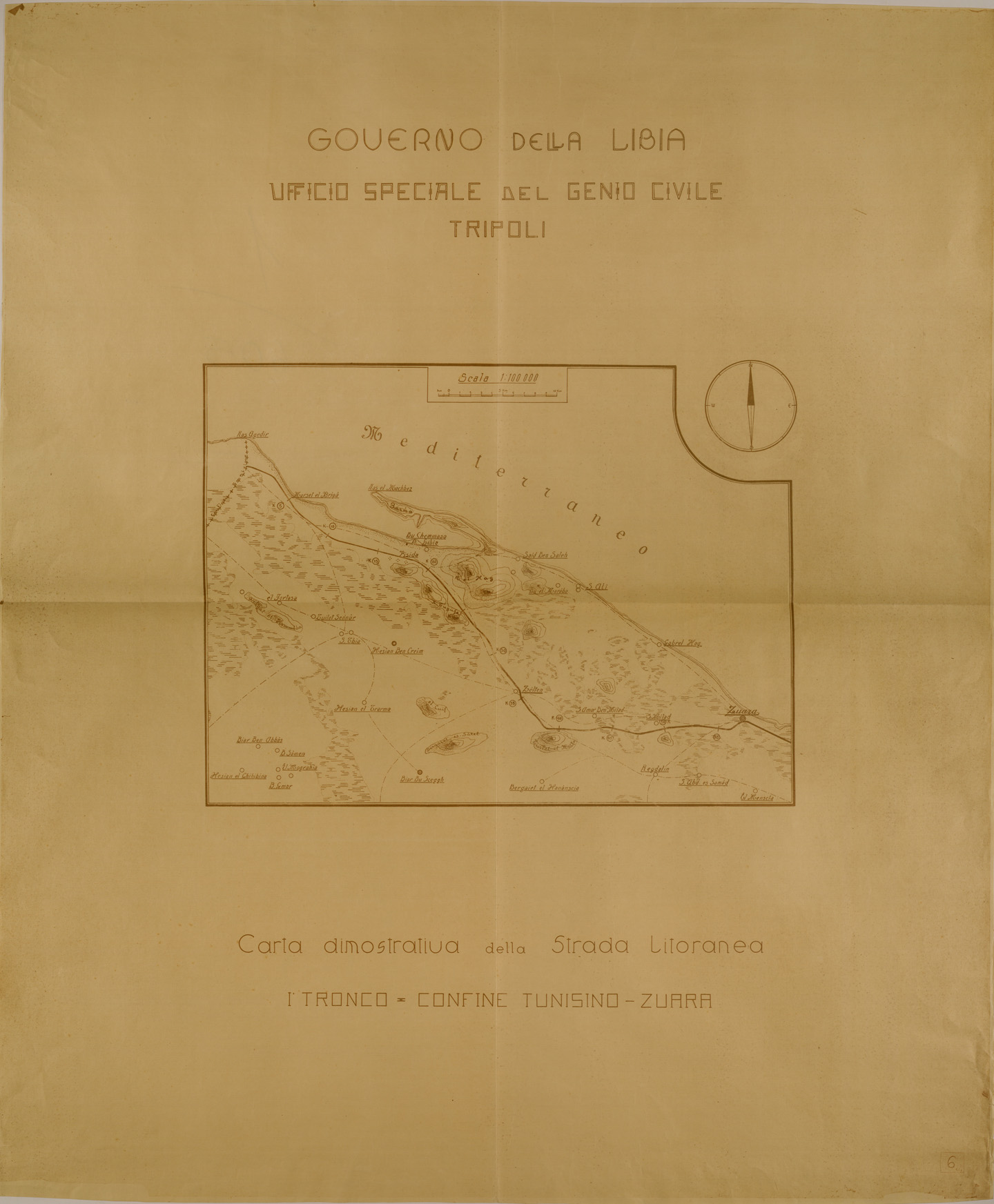 (N:31111) LIBIA - CARTA DIMOSTRATIVA DELLA STRADA LITORANEA - TRONCO I (SE005189) Carte e stampe antiche: riproduzione a colori su carta (formato A1)