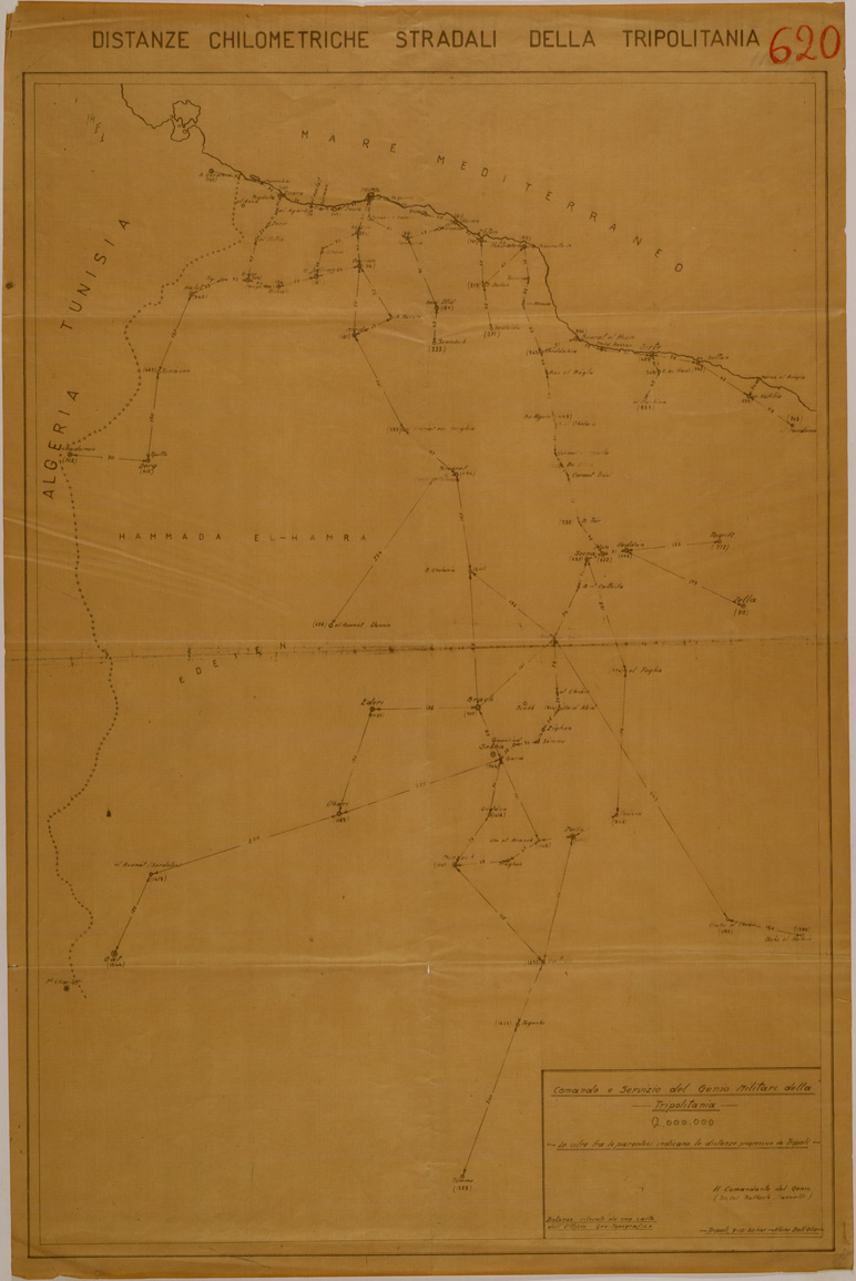 (N:31128) DISTANZE CHILOMETRICHE STRADALI DELLA TRIPOLITANIA. (SE005230) Carte e stampe antiche: riproduzione a colori su carta (formato A1)