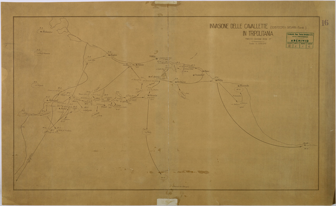 (N:31288) INVASIONE DELLE CAVALLETTE IN TRIPOLITANIA. (SE005322) Carte e stampe antiche: riproduzione a colori su carta (formato A1)