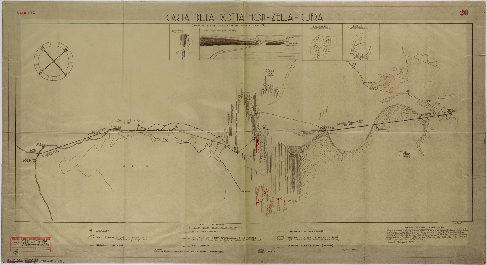 (N:31295) ROTTA AEREA HON - ZELLA - CUFRA. (SE005329) Carte e stampe antiche: riproduzione a colori su carta (formato A1)