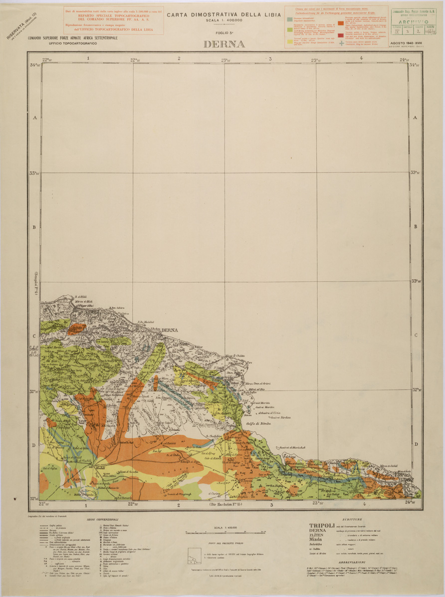 (N:31451) CARTA DELLA TRANSIBILITA' DELLA CIRENAICA - DERNA. (SE005509) Carte e stampe antiche: riproduzione a colori su carta (formato A1)