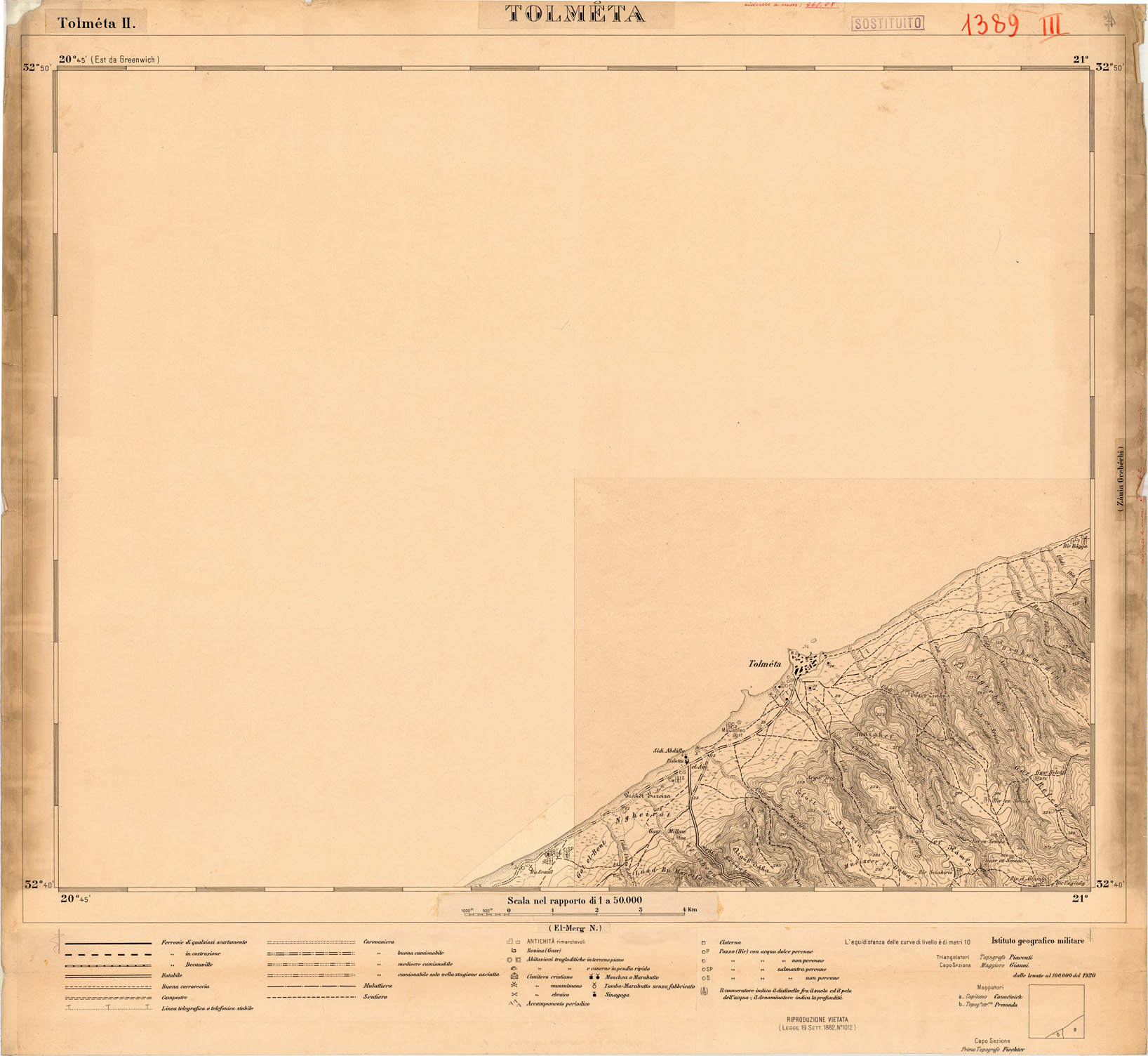 (N:35391) CARTA DELLA LIBIA - FOGLIO 1389 II - TOLMETA - ORIGINALI ALLA SCALA DI 1:25.000 (SE005607) Carte e stampe antiche: riproduzione a colori su carta (formato A1)