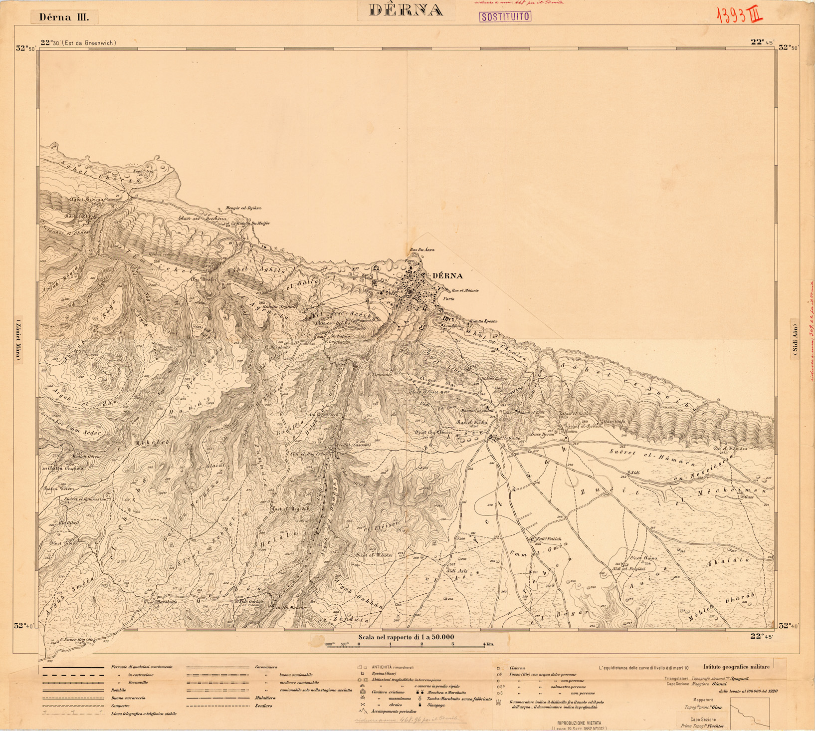 (N:35403) CARTA DELLA LIBIA - FOGLIO 1393 III - DERNA - ORIGINALI ALLA SCALA DI 1:25.000 (SE005655) Carte e stampe antiche: riproduzione a colori su carta (formato A1)