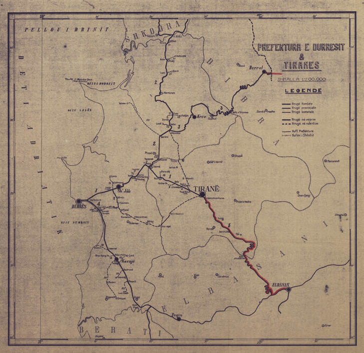 (N:31864) ALBANIA - TRACCIATI DI NUOVE STRADE - PREFEKTURA E DURRESIT E TIRANES (SE006144) Carte e stampe antiche: riproduzione a colori su carta (formato A1)