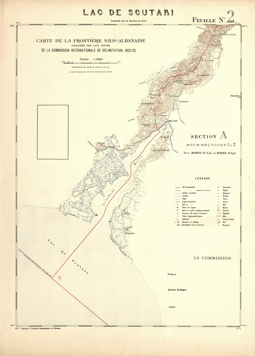(N:31987) CARTE DE LA FRONTIERE S.H.S. - ALBANAISE - FEUILLE 02 - LAC DE SCUTARI (SE006243) Carte e stampe antiche: riproduzione a colori su carta (formato A1)