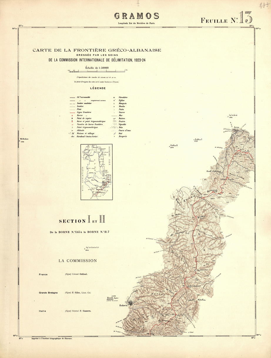 (N:31998) CARTE DE LA FRONTIERE S.H.S. - ALBANAISE - FEUILLE 13 - GRAMOS (SE006254) Carte e stampe antiche: riproduzione a colori su carta (formato A1)