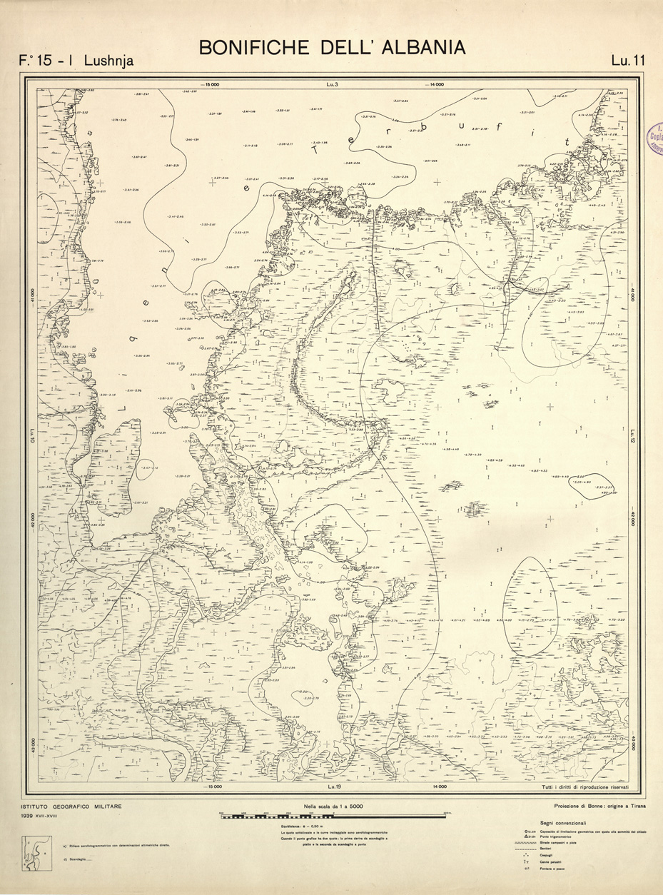 (N:32155) ENTE PER LE BONIFICHE ALBANESI - FOGLIO 15 I - LUSHNJA LU 11 (SE006525) Carte e stampe antiche: riproduzione a colori su carta (formato A1)