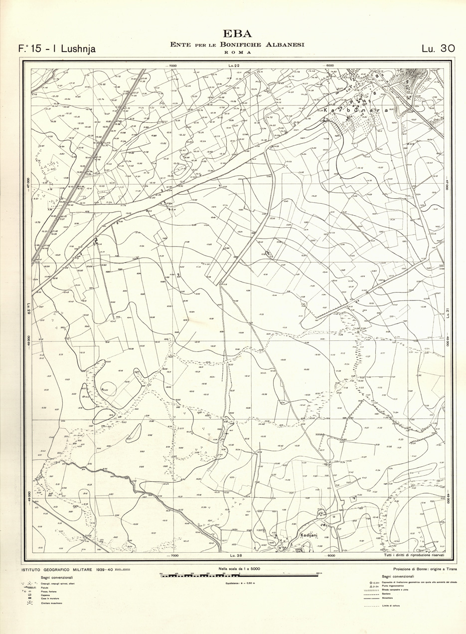 (N:32185) ENTE PER LE BONIFICHE ALBANESI - FOGLIO 15 I - LUSHNJA LU 30 (SE006540) Carte e stampe antiche: riproduzione a colori su carta (formato A1)