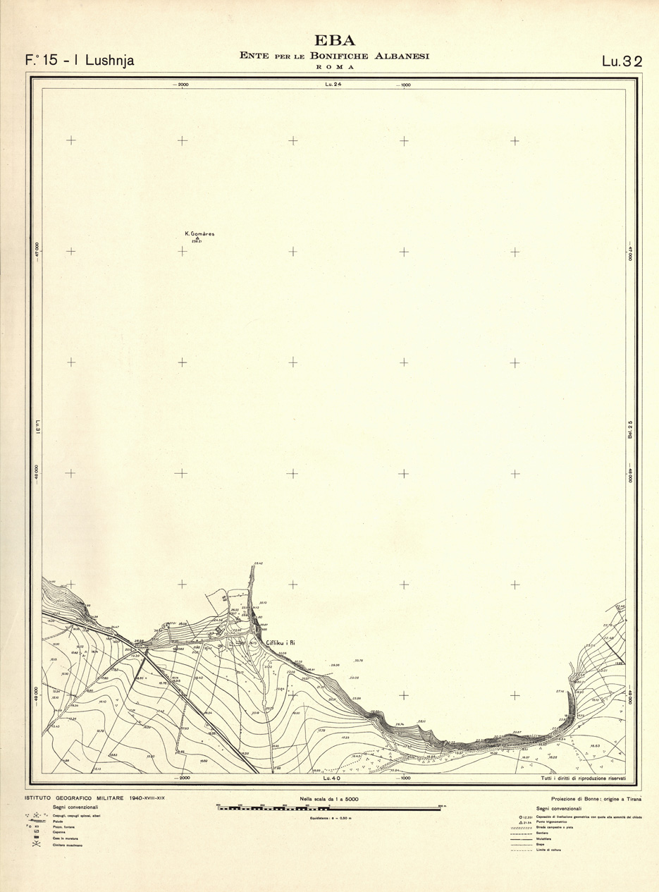 (N:32200) ENTE PER LE BONIFICHE ALBANESI - FOGLIO 15 I - LUSHNJA LU 32 (SE006542) Carte e stampe antiche: riproduzione a colori su carta (formato A1)