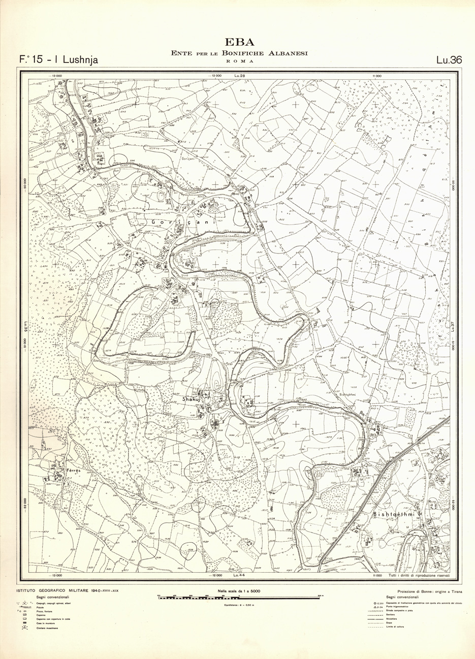 (N:32205) ENTE PER LE BONIFICHE ALBANESI - FOGLIO 15 I - LUSHNJA LU 36 (SE006545) Carte e stampe antiche: riproduzione a colori su carta (formato A1)