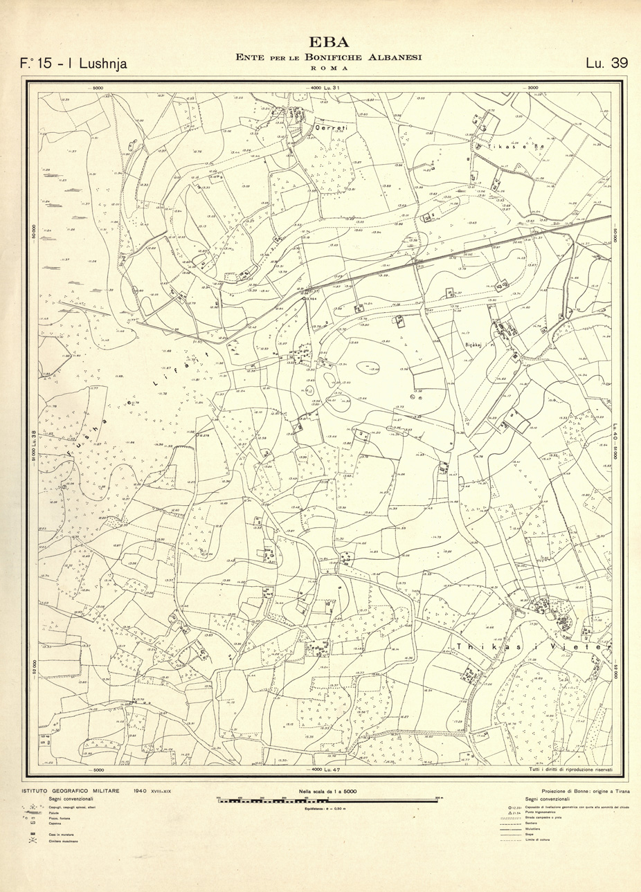 (N:32215) ENTE PER LE BONIFICHE ALBANESI - FOGLIO 15 I - LUSHNJA LU 39 (SE006548) Carte e stampe antiche: riproduzione a colori su carta (formato A1)