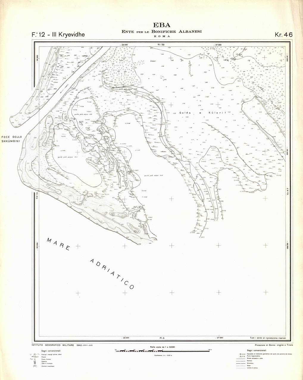 (N:32254) ENTE PER LE BONIFICHE ALBANESI - FOGLIO 12 III - KRYEVIDHE KR 46 (SE006563) Carte e stampe antiche: riproduzione a colori su carta (formato A1)