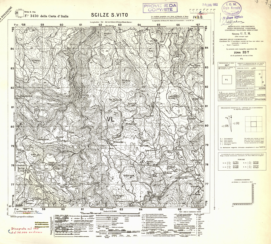 (N:32370) FOGLI OLTRE FRONTIERA - FOGLIO 3470 IV S.O. SCILZE S. VITO (SE006673) Carte e stampe antiche: riproduzione a colori su carta (formato A1)