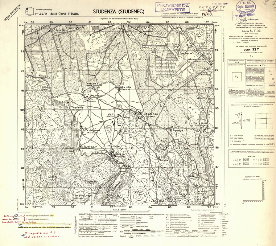 (N:32371) FOGLI OLTRE CONFINE - FOGLIO 3470 IV N.O. STUDENZA (STUDENEC) (SE006674) Carte e stampe antiche: riproduzione a colori su carta (formato A1)