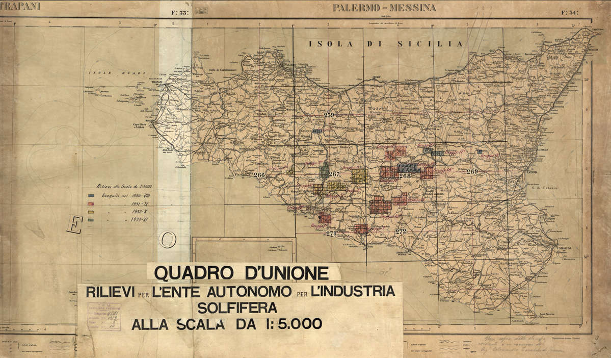 (N:32750) MINIERE SOLFIFERE DELLA SICILIA QUADRO D'UNIONE (SE006730) Carte e stampe antiche: riproduzione a colori su carta (formato A1)
