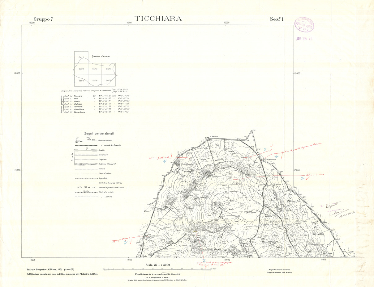 (N:32804) MINIERE SOLFIFERE DELLA SICILIA GRUPPO 7 SEZ 1 TICCHIARA (SE006761) Carte e stampe antiche: riproduzione a colori su carta (formato A1)