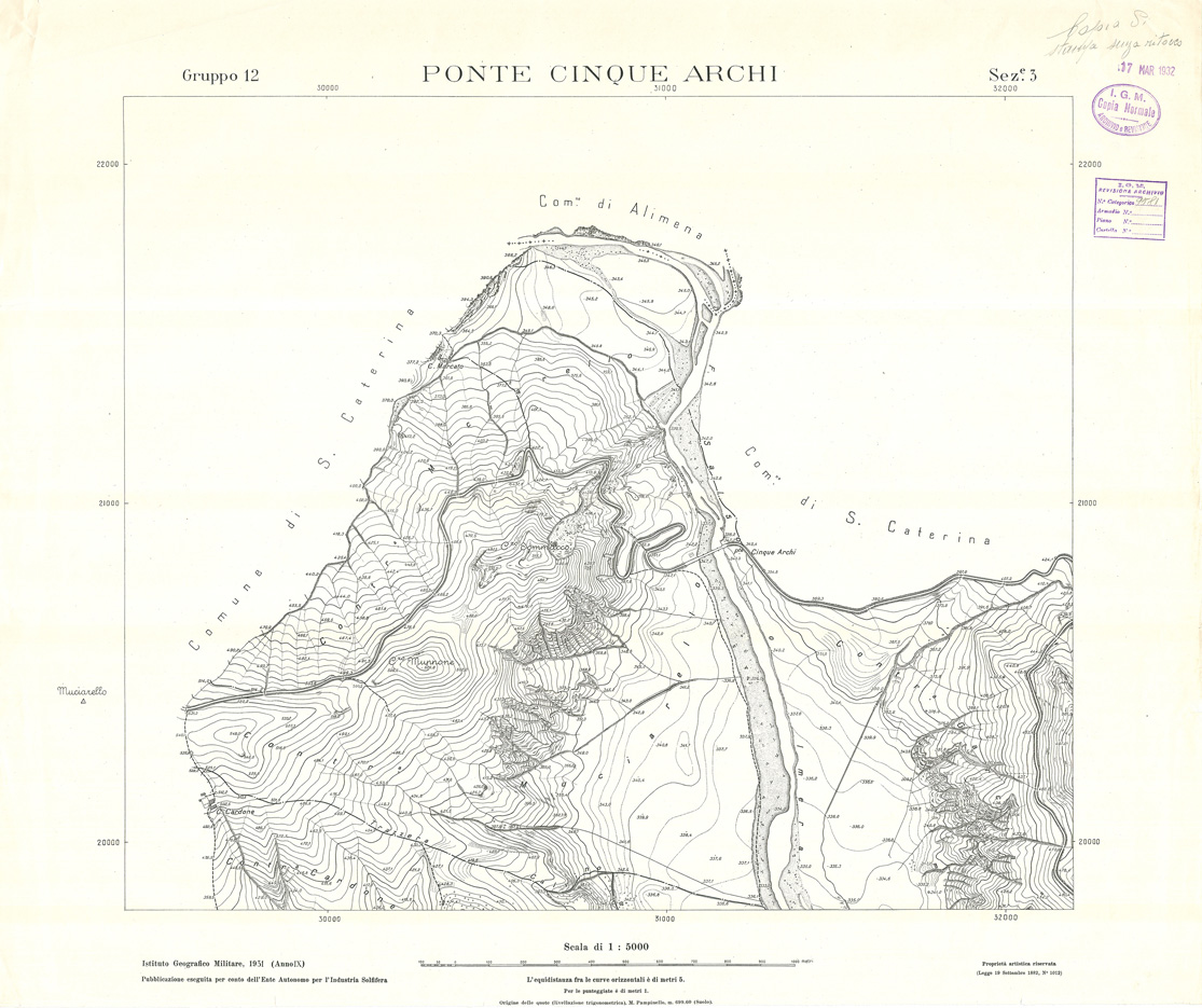 (N:32852) MINIERE SOLFIFERE DELLA SICILIA GRUPPO 12 SEZ 3 PONTE CINQUE ARCHI (SE006812) Carte e stampe antiche: riproduzione a colori su carta (formato A1)