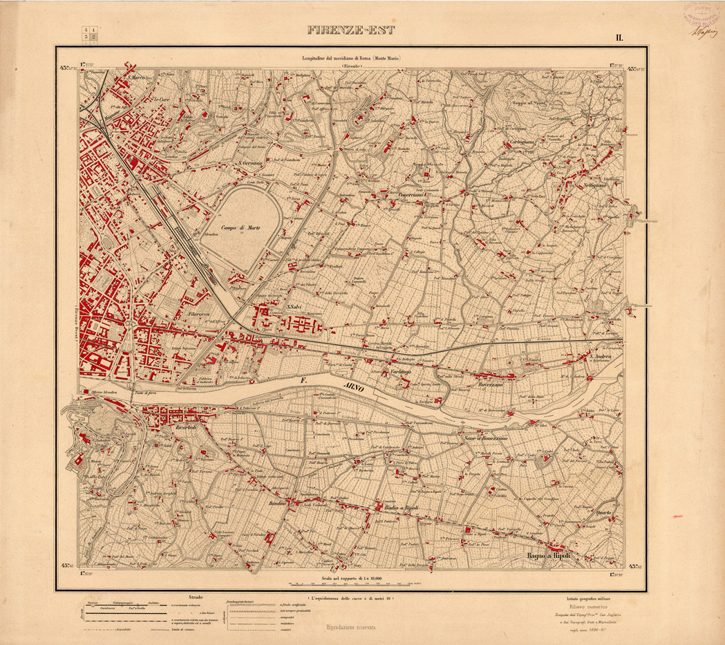 (N:35329) FIRENZE E DINTORNI - EDIZIONE 1896 - 1900 - FOGLIO 2 - FIRENZE EST (SE007001) Carte e stampe antiche: riproduzione a colori su carta (formato A1)