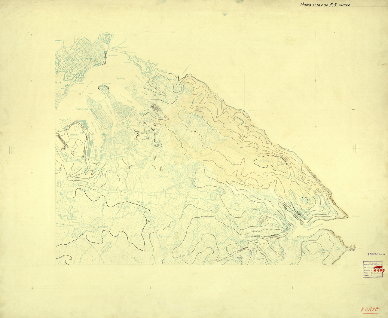(N:32621) ISOLA DI MALTA - FOGLIO 9 (CURVE). (SE007321) Carte e stampe antiche: riproduzione a colori su carta (formato A1)