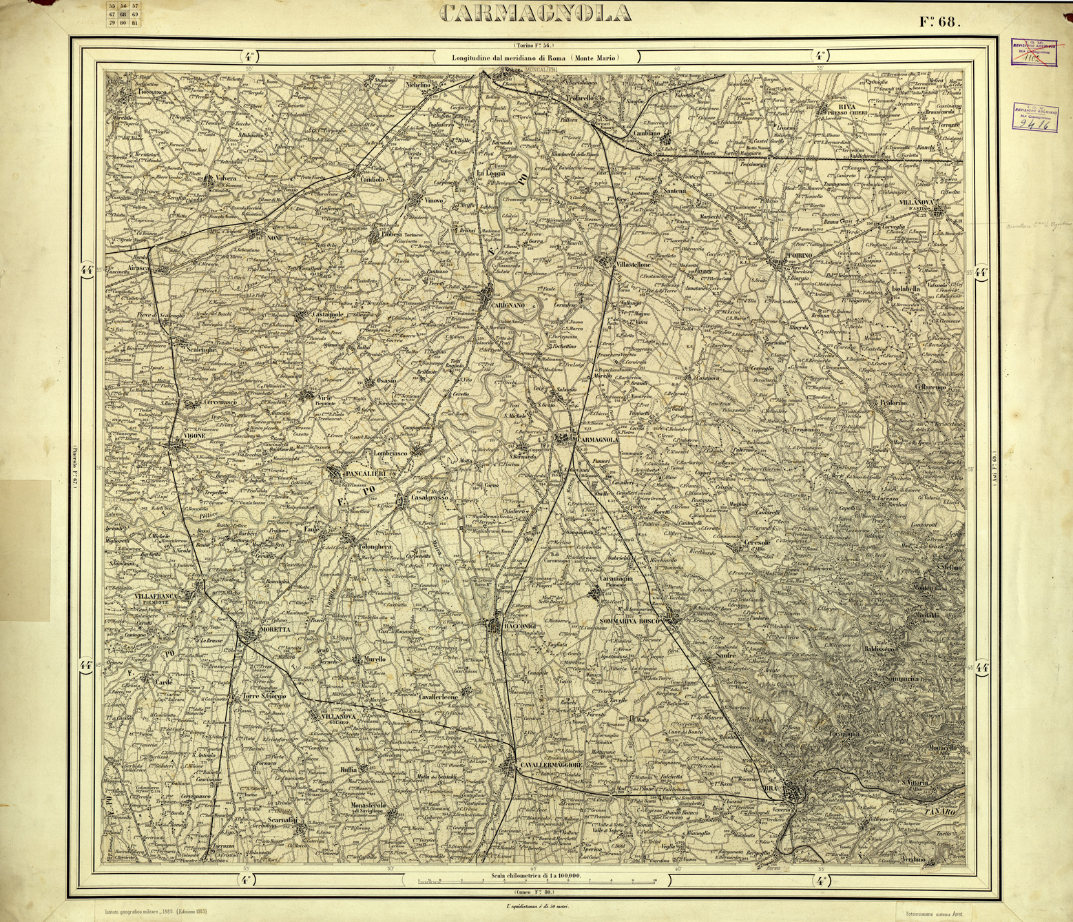 (N:33130) CARTA D'ITALIA FOGLIO 68 CARMAGNOLA (SE007726) Carte e stampe antiche: riproduzione a colori su carta (formato A1)