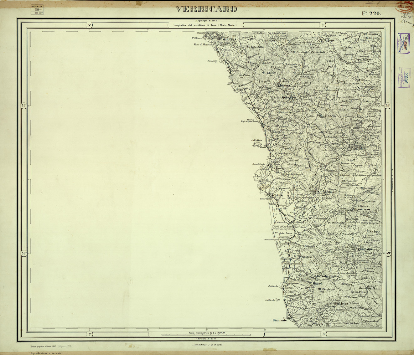 (N:33142) CARTA D'ITALIA FOGLIO 220 VERBICARO (SE007738) Carte e stampe antiche: riproduzione a colori su carta (formato A1)