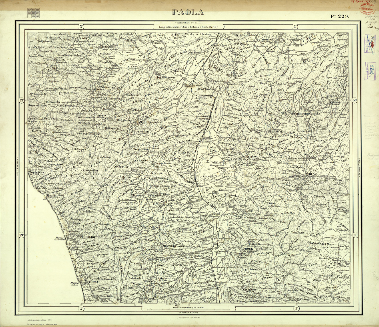 (N:33162) CARTA D'ITALIA FOGLIO 229 PAOLA (SE007742) Carte e stampe antiche: riproduzione a colori su carta (formato A1)