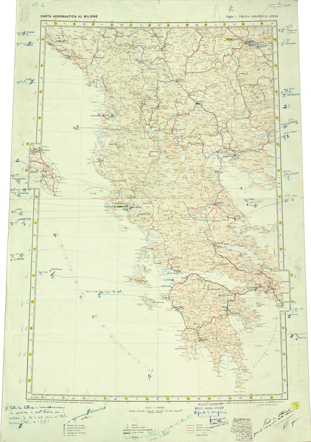 (N:33752) CARTA AERONAUTICA AL MILIONE - FOGLIO 7 - TIRANA - SALONICCO - ATENE (SE008032) Carte e stampe antiche: riproduzione a colori su carta (formato A1)