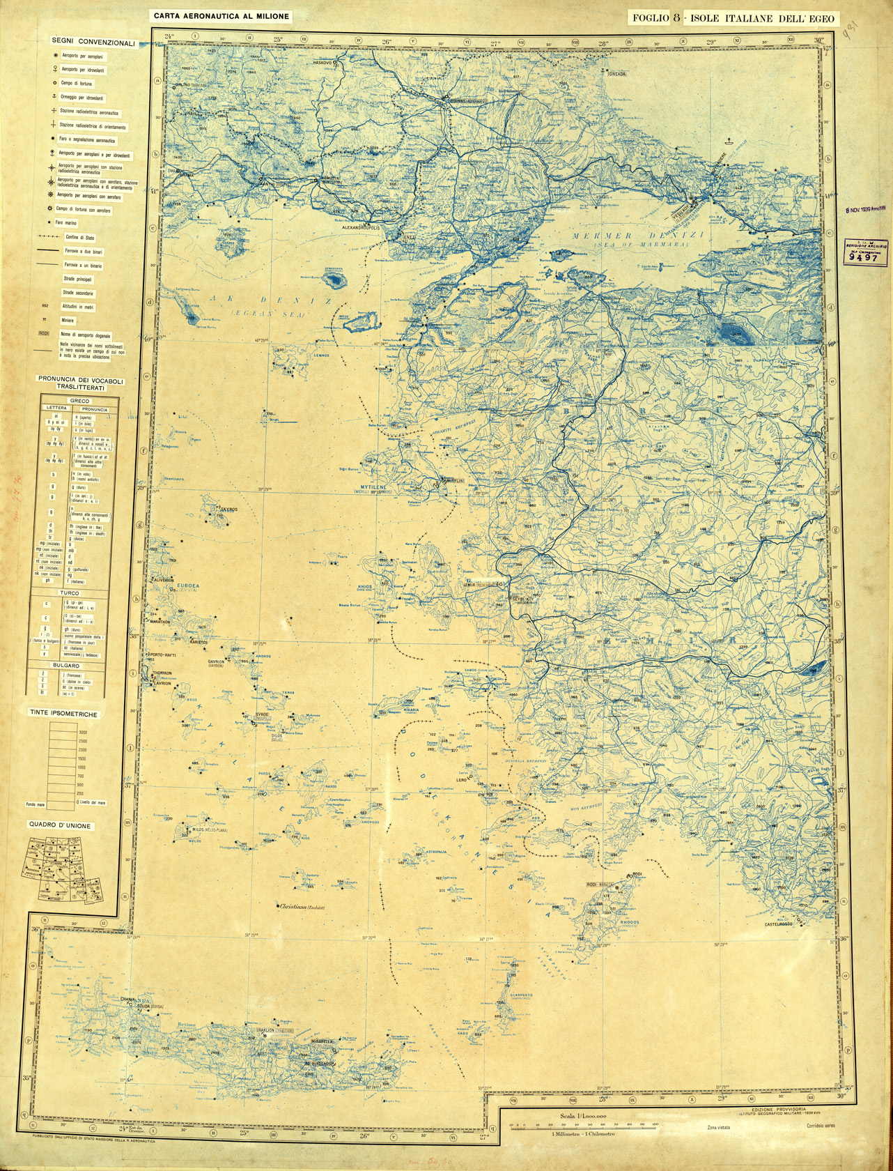 (N:33758) CARTA AERONAUTICA - FOGLIO 8 ISOLE ITALIANE DELL' EGEO - ORIGINALI A COLORI SEPARATI - SEGNI AERONAUTICI E FERROVIE (SE008035) Carte e stampe antiche: riproduzione a colori su carta (formato A1)