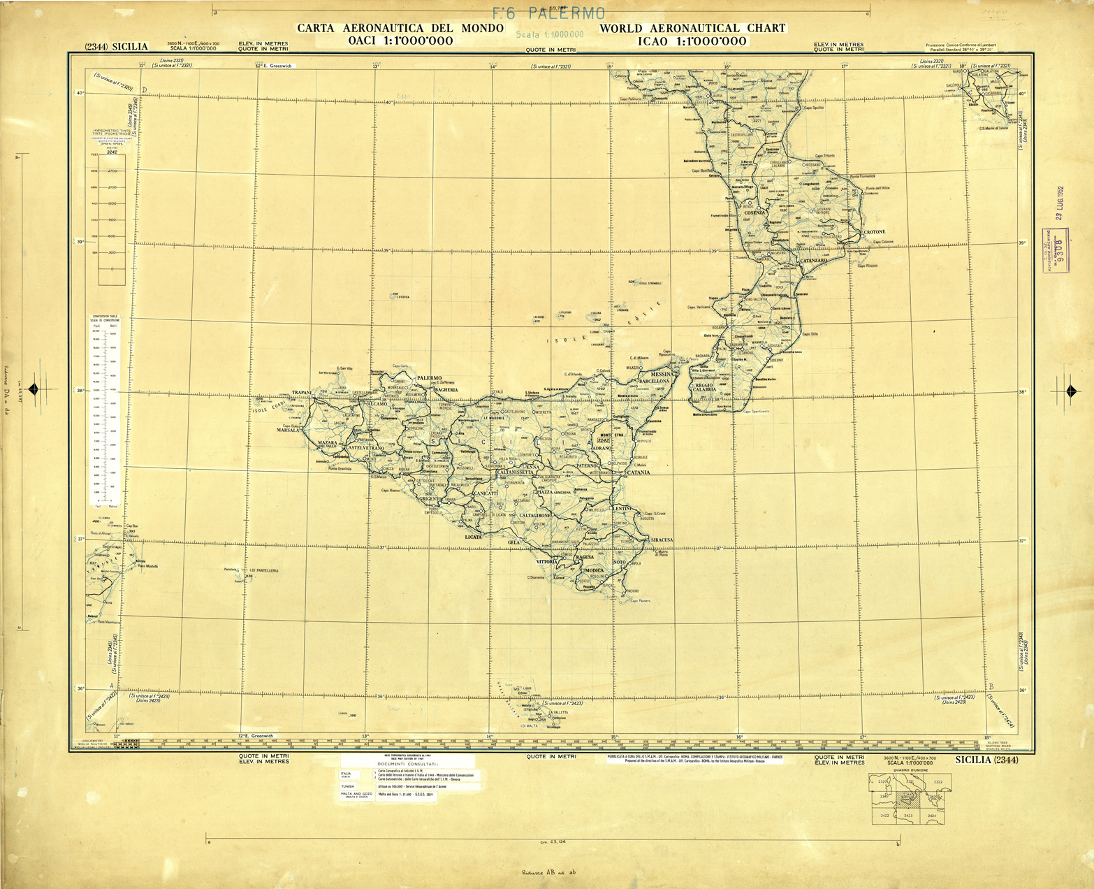 (N:33690) CARTA AERONAUTICA DEL MONDO FOGLIO 2344 SICILIA  ORIGINALI A COLORI SEPARATI NERO (SE008086) Carte e stampe antiche: riproduzione a colori su carta (formato A1)