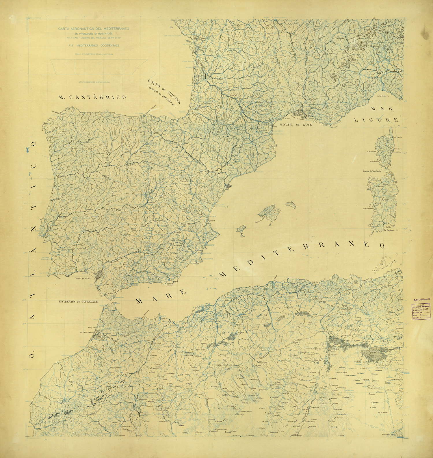 (N:33704) CARTA AERONAUTICA DEL MEDITERRANEO FOGLIO 2 MEDITERRANEO OCCIDENTALE ORIGINALI A COLORI SEPARATI IDROGRAFIA (SE008102) Carte e stampe antiche: riproduzione a colori su carta (formato A1)