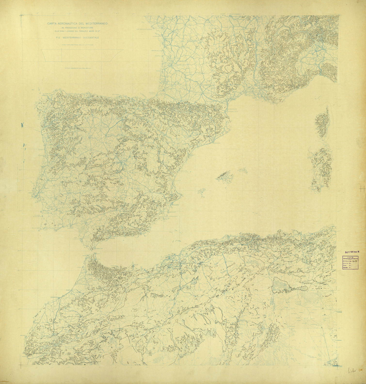 (N:33706) CARTA AERONAUTICA DEL MEDITERRANEO FOGLIO 2 MEDITERRANEO OCCIDENTALE ORIGINALI A COLORI SEPARATI ALTIMETRIA (SE008104) Carte e stampe antiche: riproduzione a colori su carta (formato A1)