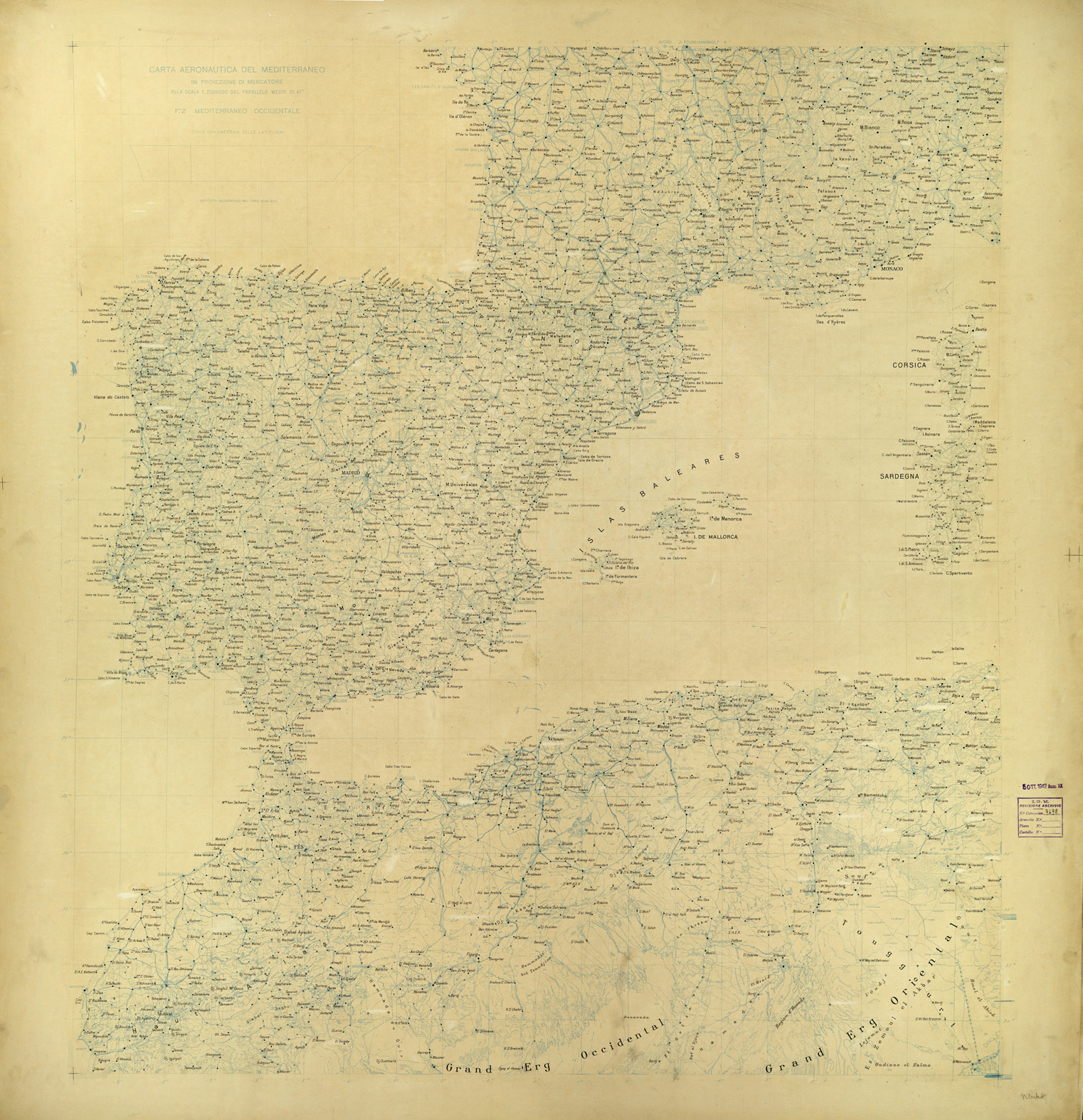 (N:33707) CARTA AERONAUTICA DEL MEDITERRANEO FOGLIO 2 MEDITERRANEO OCCIDENTALE ORIGINALI A COLORI SEPARATI TOPONOMASTICA (SE008106) Carte e stampe antiche: riproduzione a colori su carta (formato A1)