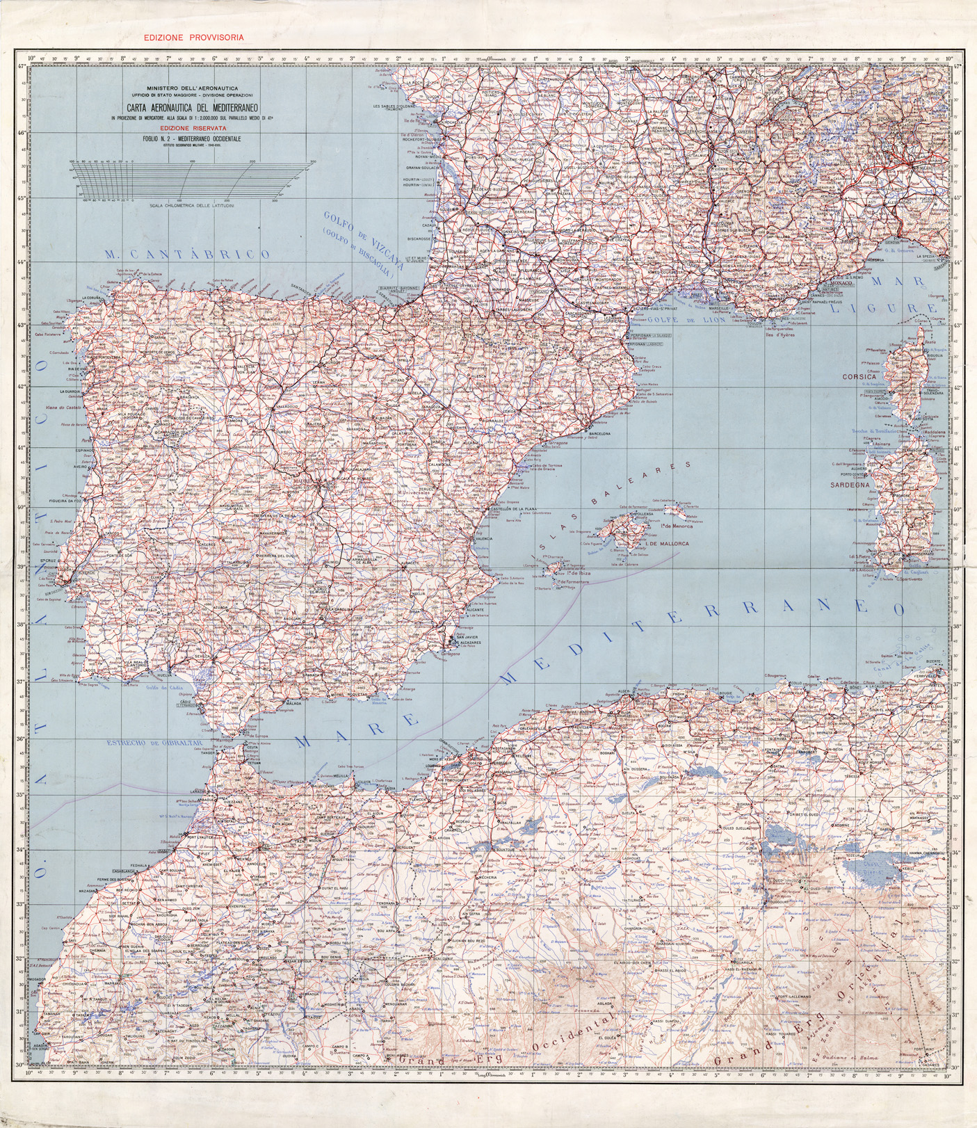 (N:33710) CARTA AERONAUTICA DEL MEDITERRANEO FOGLIO 2 MEDITERRANEO OCCIDENTALE (SE008112) Carte e stampe antiche: riproduzione a colori su carta (formato A1)