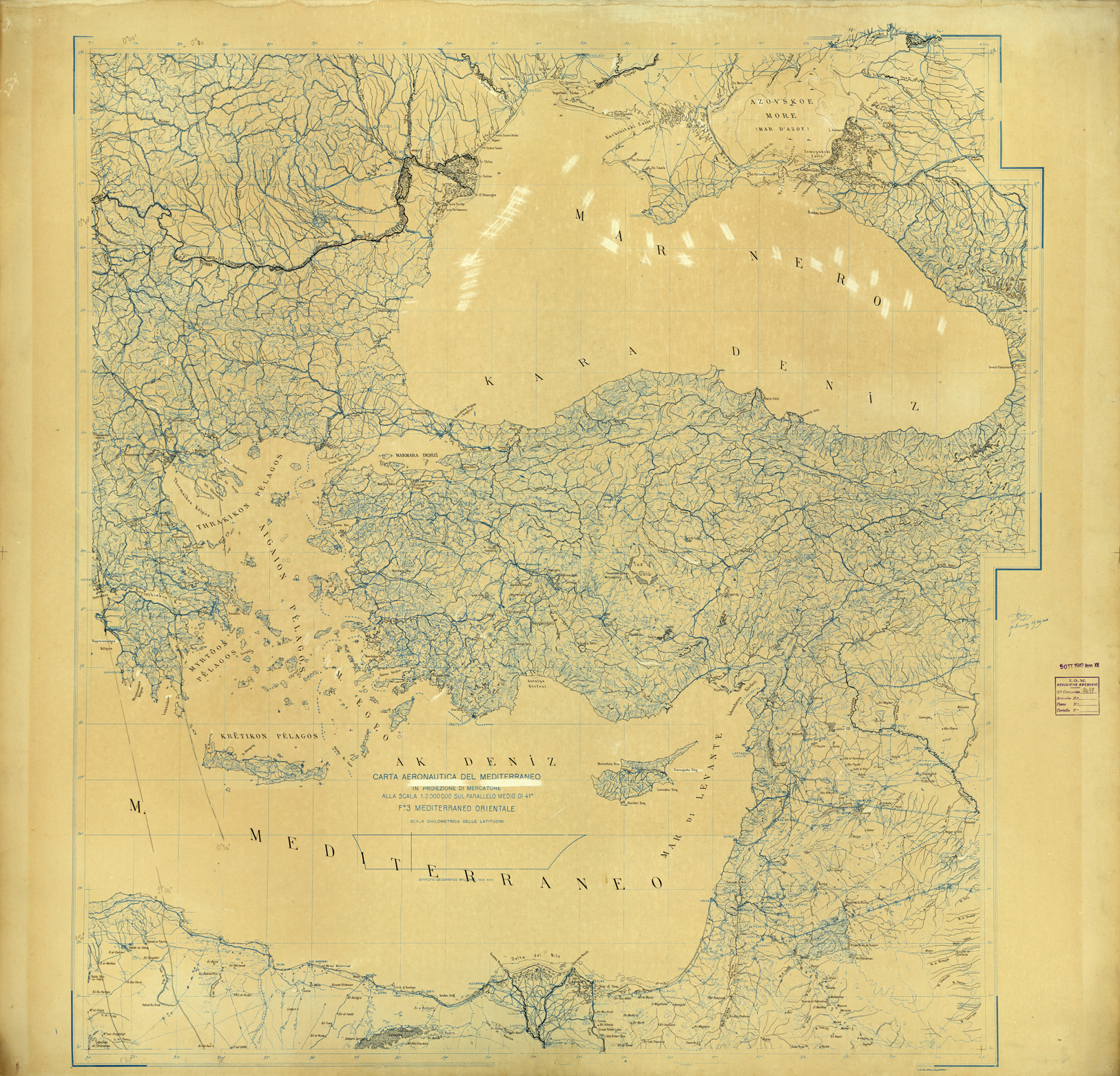 (N:33770) CARTA AERONAUTICA DEL MEDITERRANEO FOGLIO 3 MEDITERRANEO ORIENTALE ORIGINALI A COLORI SEPARATI IDROGRAFIA (SE008116) Carte e stampe antiche: riproduzione a colori su carta (formato A1)