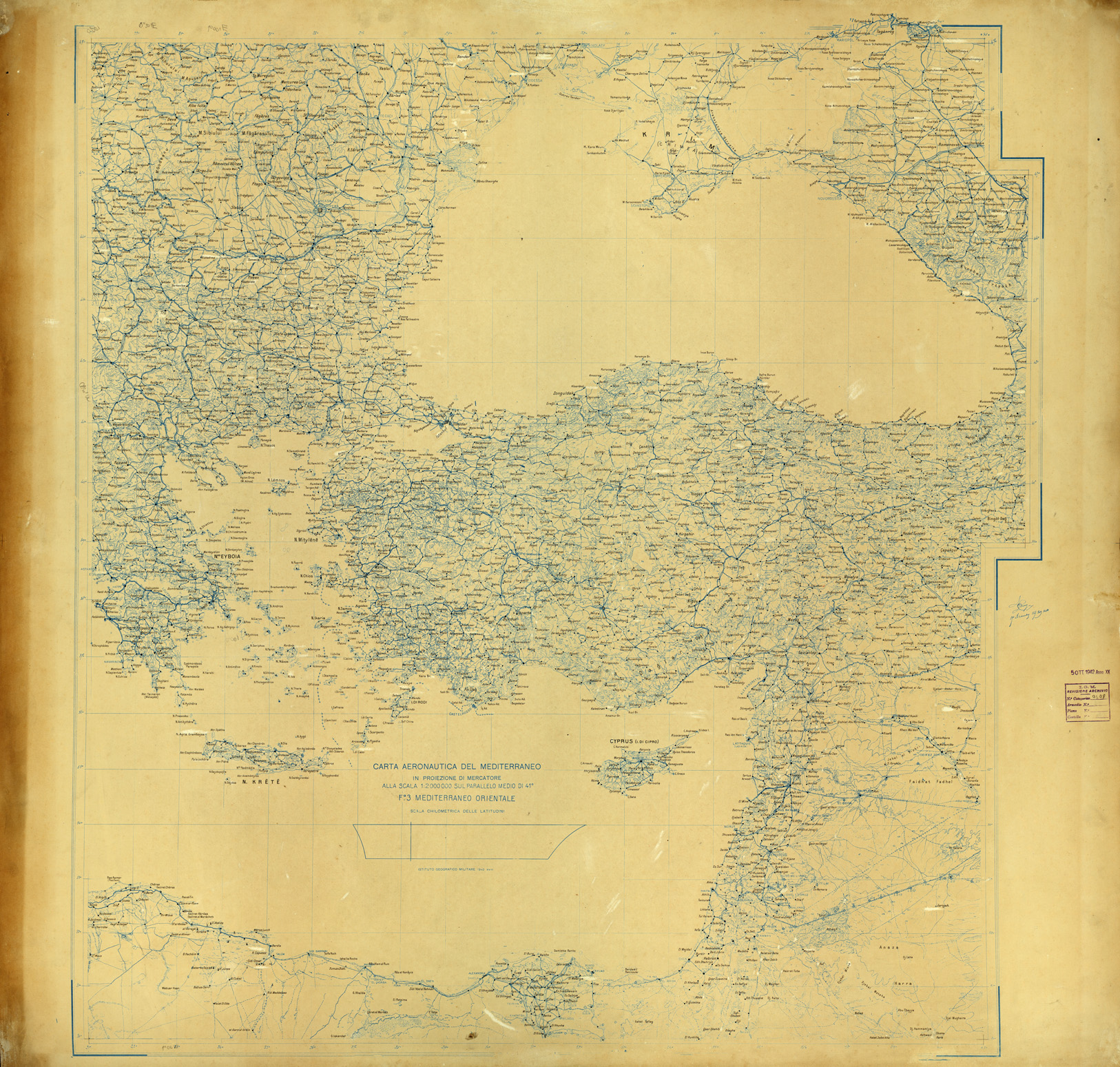 (N:33772) CARTA AERONAUTICA DEL MEDITERRANEO FOGLIO 3 MEDITERRANEO ORIENTALE ORIGINALI A COLORI SEPARATI TOPONOMASTICA (SE008120) Carte e stampe antiche: riproduzione a colori su carta (formato A1)