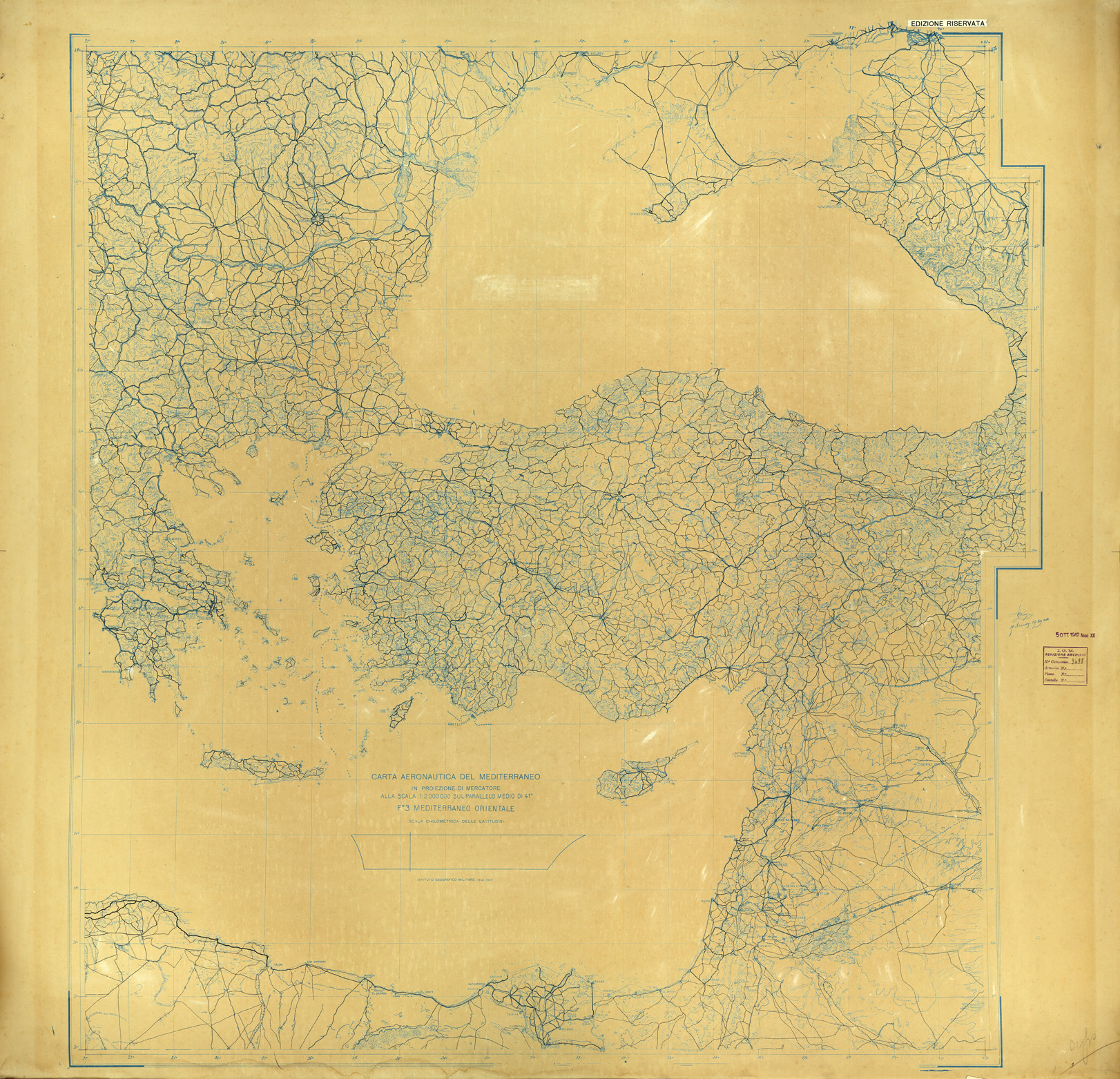 (N:33773) CARTA AERONAUTICA DEL MEDITERRANEO FOGLIO 3 MEDITERRANEO ORIENTALE ORIGINALI A COLORI SEPARATI VIABILITA' (SE008122) Carte e stampe antiche: riproduzione a colori su carta (formato A1)