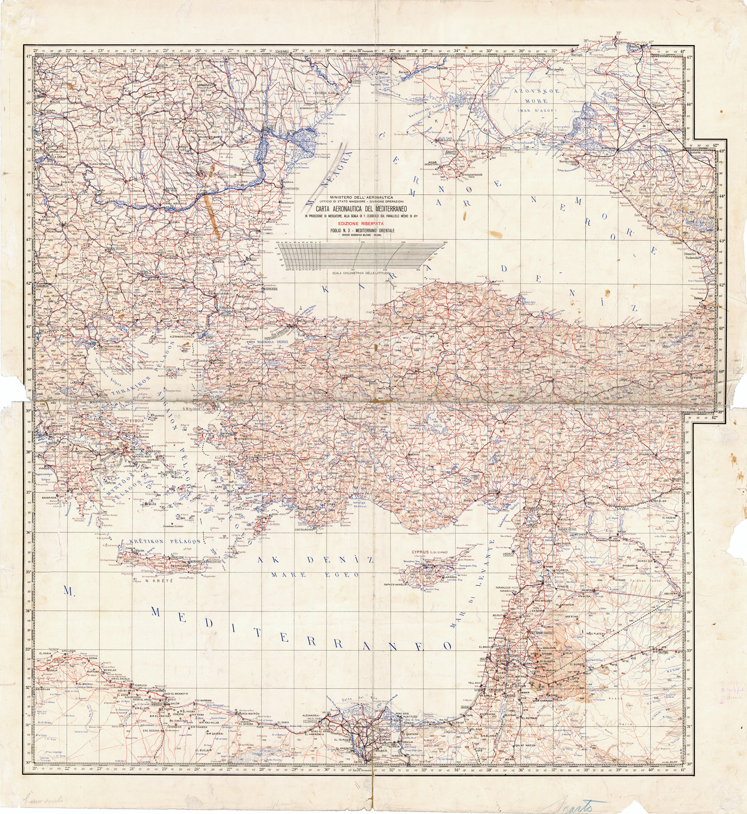 (N:33775) CARTA AERONAUTICA DEL MEDITERRANEO FOGLIO 3 MEDITERRANEO ORIENTALE (SE008126) Carte e stampe antiche: riproduzione a colori su carta (formato A1)