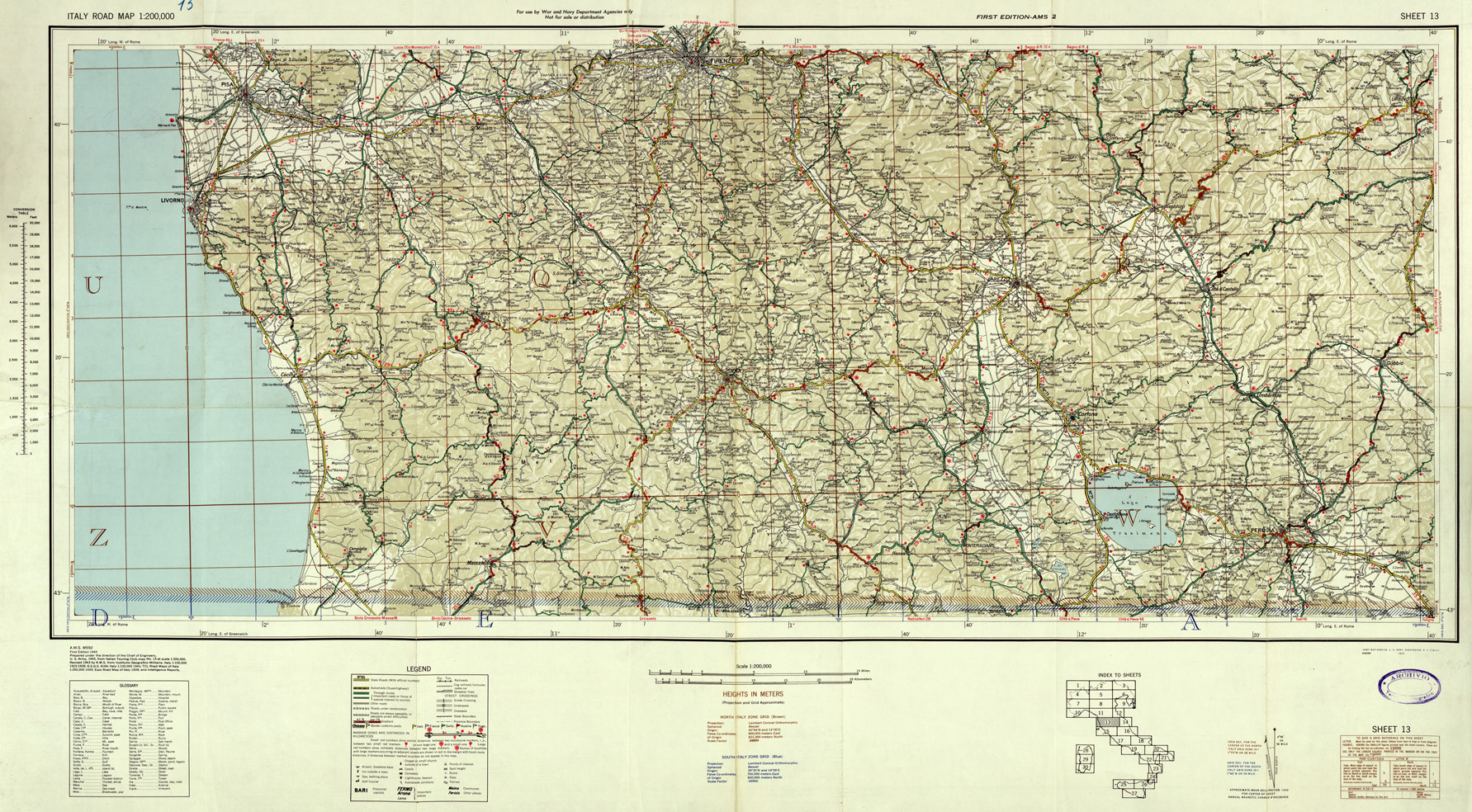 (N:33820) ITALY ROAD MAP - SHEET 13. (SE008138) Carte e stampe antiche: riproduzione a colori su carta (formato A1)