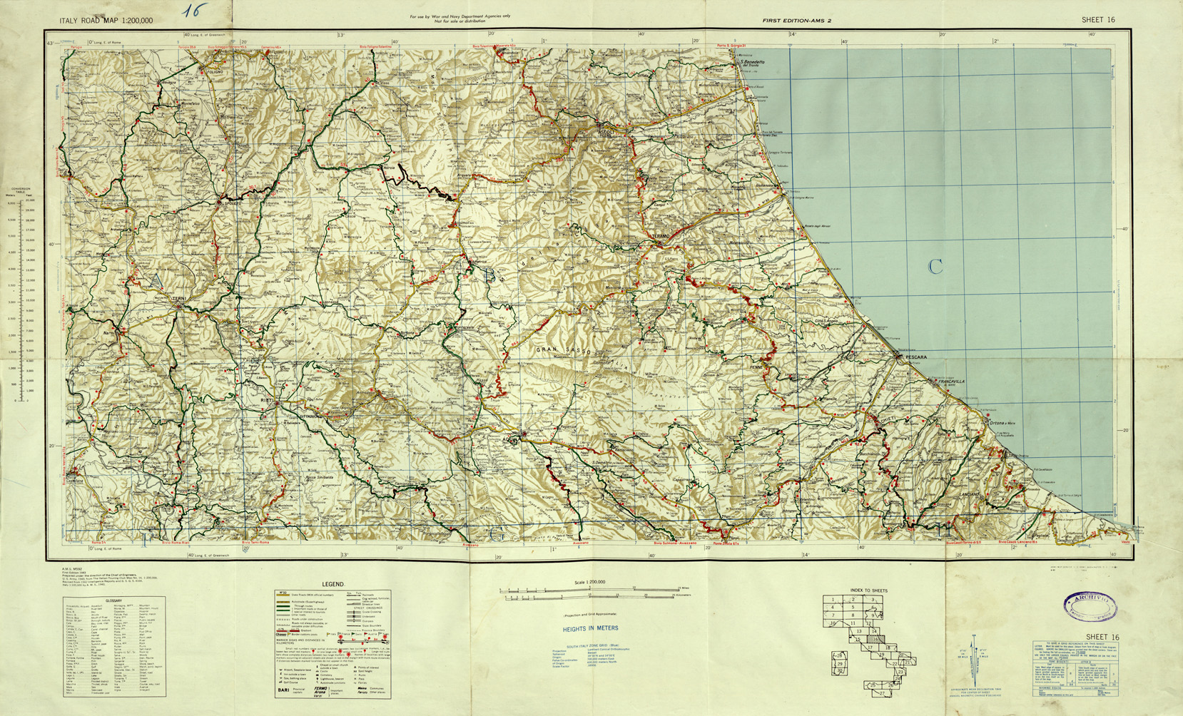 (N:33823) ITALY ROAD MAP - SHEET 16. (SE008141) Carte e stampe antiche: riproduzione a colori su carta (formato A1)
