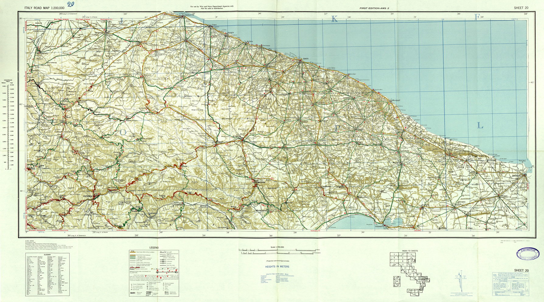 (N:33827) ITALY ROAD MAP - SHEET 20. (SE008145) Carte e stampe antiche: riproduzione a colori su carta (formato A1)