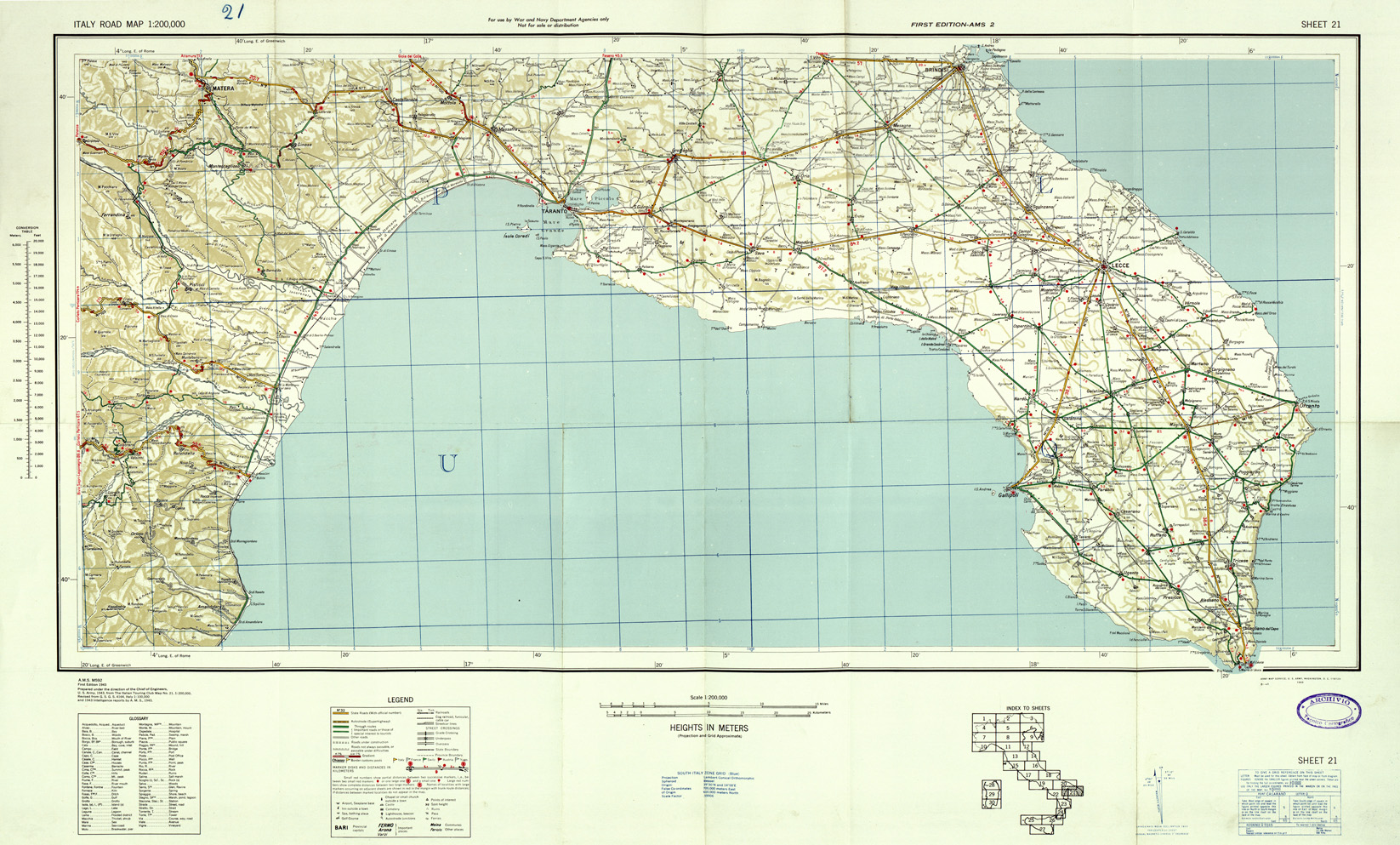 (N:33828) ITALY ROAD MAP - SHEET 21. (SE008146) Carte e stampe antiche: riproduzione a colori su carta (formato A1)